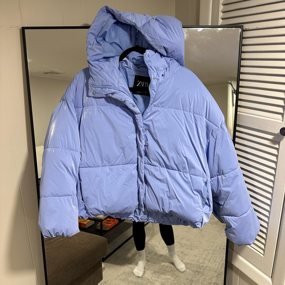 Zara Shiny Baby Blue Puffer Jacket